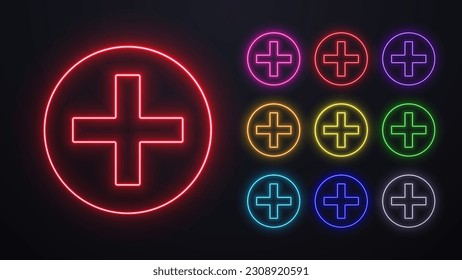 A set of neon crosses for formaceutics. Bright colorful icons for medicine.