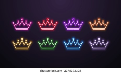 Un conjunto de íconos de la corona de neón para los casinos en los colores azul, amarillo, naranja, blanco, amarillo, verde, rosa y morado sobre un fondo oscuro.