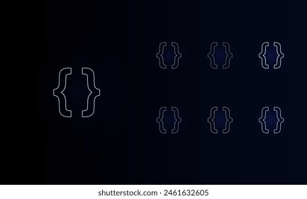 A set of neon curly brackets symbols. Set of different color symbols, faint neon glow. Vector illustration on black background