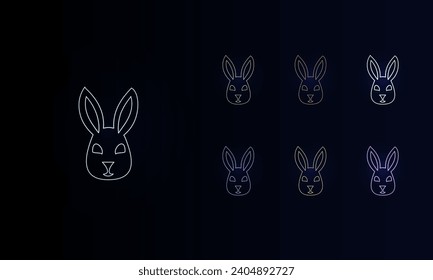 Un conjunto de símbolos de cabeza de liebre lindos neones. Conjunto de símbolos de color diferentes, brillo de neón débil. Ilustración del vector sobre fondo negro