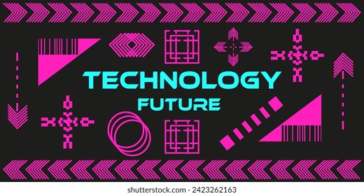 Set neon Cyberpunk Geometric element isolated black background. Technology future banner with Geometrical shapes. Vector illustration can used web social media and mobile app design. EPS 10