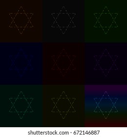 Set of neon David stars, judaism symbol, dark vector 
background.