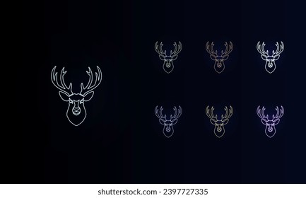 A set of neon deer head symbols. Set of different color symbols, faint neon glow. Vector illustration on black background