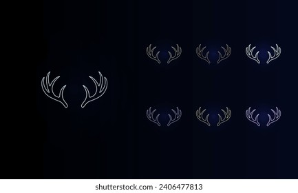 A set of neon deer horns symbols. Set of different color symbols, faint neon glow. Vector illustration on black background