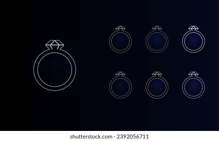 A set of neon diamond ring symbols. Set of different color symbols, faint neon glow. Vector illustration on black background