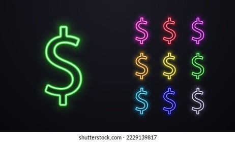 Eine Reihe von Neon-Dollar-Symbolen in verschiedenen Farben. Logos der US-Dollar-Währung für Casinos.