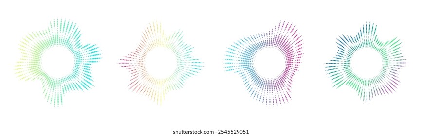 Um conjunto de equalizadores circulares de pontos de néon. Ondas multicoloridas de áudio. Símbolo musical, ondas sonoras circulares. Espectro radial vetorial.