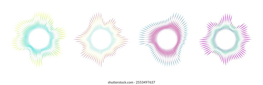 A set of neon dot circular equalizers. Audio multicolor sound circle waves Musical symbol. Vector sound radial spectrum.