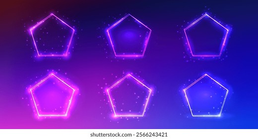 Set of neon double frames in pentagon form with shining effects and sparkles on blue background. Empty glowing techno backdrop. Vector illustration