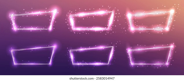 Set of neon double frames with shining effects and sparkles on brown background. Empty glowing techno backdrop. Vector illustration