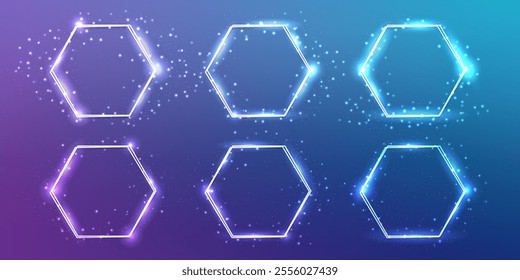 Set of neon double hexagon frames with shining effects and sparkles on blue background. Empty glowing techno backdrop. Vector illustration