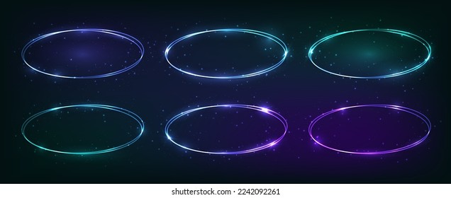 Set of neon double oval frames with shining effects and sparkles on dark background. Empty glowing techno backdrop. Vector illustration