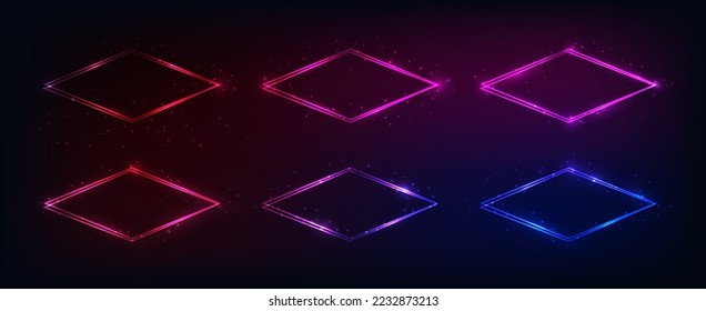 Set of neon double rhombus frames with shining effects and sparkles on dark background. Empty glowing techno backdrop. Vector illustration