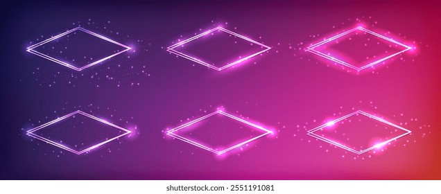 Set aus Neon-Doppelrhombus-Rahmen mit glänzenden Effekten und funkelt auf violettem Hintergrund. Leere glühende Techno-Kulisse. Vektorgrafik