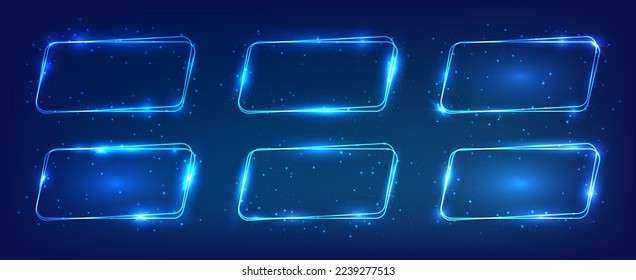 Set of neon double rounded parallelogram frames with shining effects and sparkles on dark background. Empty glowing techno backdrop. Vector illustration