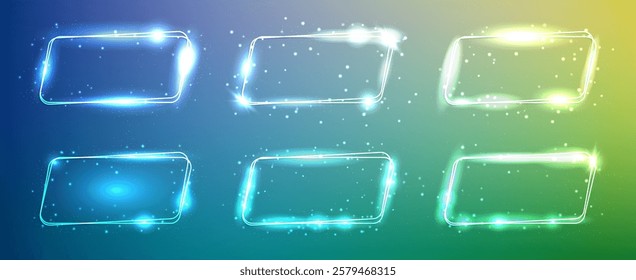 Set of neon double rounded parallelogram frames with shining effects and sparkles on green background. Empty glowing techno backdrop. Vector illustration