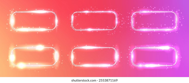 Set of neon double rounded rectangular frames with shining effects and sparkles on orange background. Empty glowing techno backdrop. Vector illustration