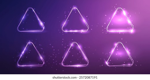 Set of neon double rounded triangle frames with shining effects and sparkles on dark blue background. Empty glowing techno backdrop. Vector illustration