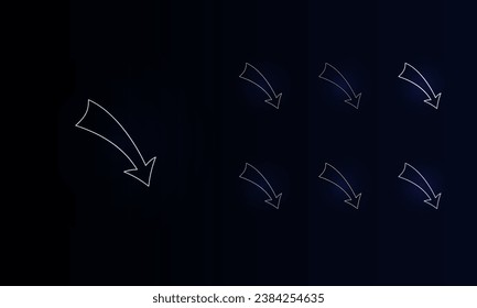 A set of neon down arrows. Set of different color symbols, faint neon glow. Vector illustration on black background
