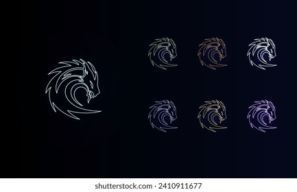 A set of neon dragon's head symbols. Set of different color symbols, faint neon glow. Vector illustration on black background