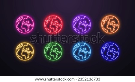 A set of neon earth icons in different colors blue, green, red, orange, purple, pink. Glowing globes.