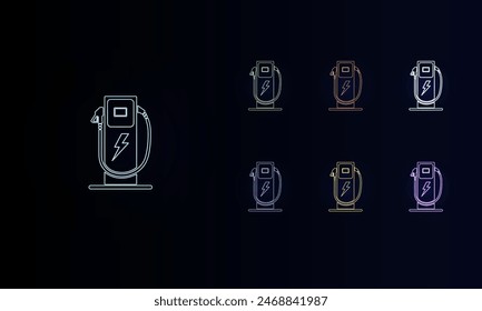 A set of neon electric charging station symbols. Set of different color symbols, faint neon glow. Vector illustration on black background