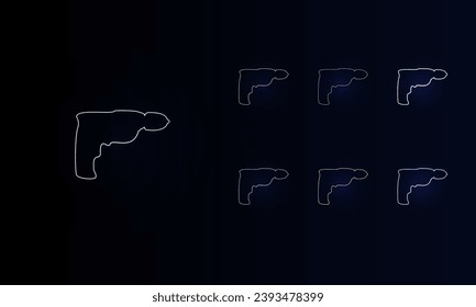 A set of neon electric drill symbols. Set of different color symbols, faint neon glow. Vector illustration on black background