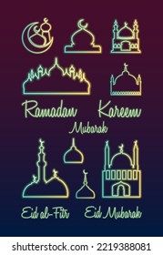 Juego de iconos eléctricos de neón. Ilustración vectorial de mezquitas, frases musulmanas aisladas en un fondo oscuro. Ramadán, Islam, musulmanes, concepto de diseño.