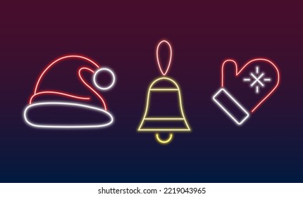 Set of neon electric lamp style icons Christmas symbols. Vector illustration of Santa's hat, bell, red mitten with snowflake isolated on dark. New Year, Christmas, design concept.