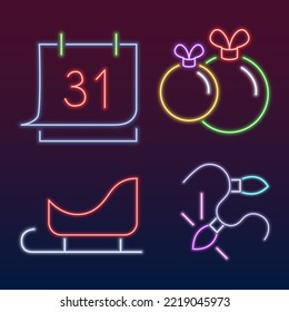 Set of neon electric lamp style icons Christmas symbols. Vector illustration of calendar with number 31, Christmas balls, sled, garland isolated on dark. New Year, Christmas, design concept.