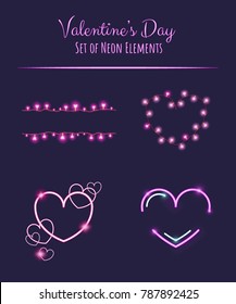 Set of neon elements and garlands for Valentine's Day and wedding. Vector illustration with glowing objects for poster, card, flyer and banner design.