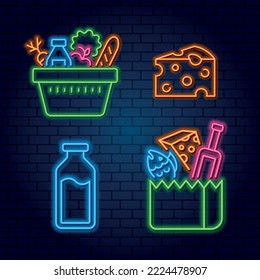 A set of neon elements for an online store grocery cart, dairy and cheese products. Shopping for food for dinner wine, fish, bread and vegetables. Vegetarian Menu