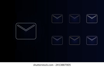 A set of neon email symbols. Set of different color symbols, faint neon glow. Vector illustration on black background