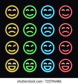 Set of Neon Emoticons. Set of Neon Emojis. Isolated Vector Neon Illustration on Dark Background