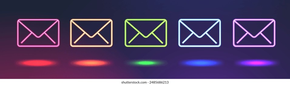 Set of neon envelope icons on dark background. Glowing mail letter signs. Vector Illustration
