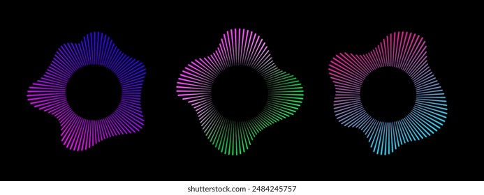 Un conjunto de ecualizadores de neón sobre un fondo negro. Ondas multicolor de audio. Curva radial de la onda de audio. Ilustración vectorial.
