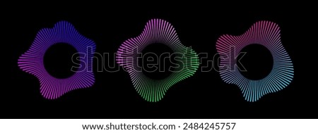 A set of neon equalizers on a black background. Audio multicolor waves. Radial curve of audio wave. Vector illustration.
