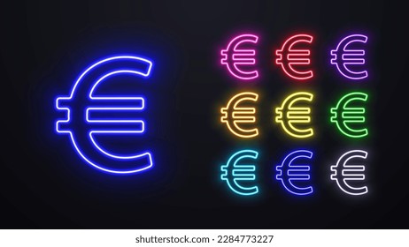 A set of neon Euro (EUR) logos in different colors.