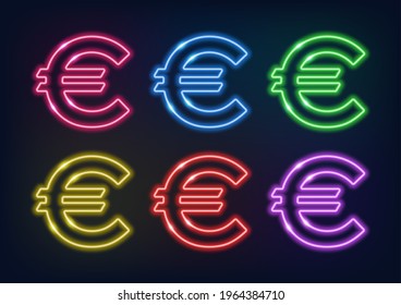 Set of neon euro signs in different colors. Neon sign. Glowing lines on a dark background.