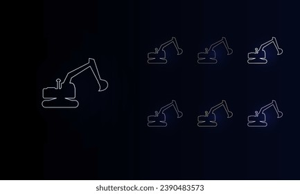 A set of neon excavator symbols. Set of different color symbols, faint neon glow. Vector illustration on black background