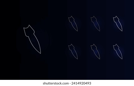 A set of neon falling rocket symbols. Set of different color symbols, faint neon glow. Vector illustration on black background