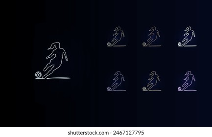 A set of neon female football symbols. Set of different color symbols, faint neon glow. Vector illustration on black background