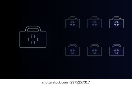 A set of neon first aid symbols. Set of different color symbols, faint neon glow. Vector illustration on black background