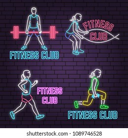 Set of neon fitness club sign on brick wall background. Vector illustration. Neon design for fitness centers emblems, gym signs related health and gym business. Advertisement sign.