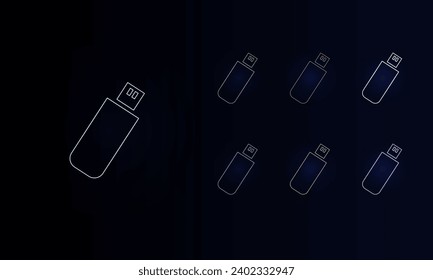 A set of neon flash drives. Set of different color symbols, faint neon glow. Vector illustration on black background