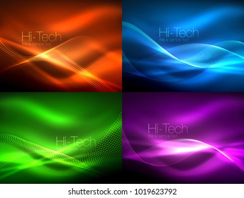 Set of neon flowing waves, vector motion concept, digital abstract backgrounds
