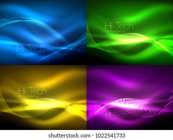 Set of neon flowing waves, vector motion concept, digital abstract backgrounds