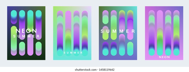 Set of neon fluorescent gradient fluid posters with colorful circles for summer party event in trendy pink, blue, green colors. Vaporwave/ retrowave/ cyberpunk 80s-90s style background.