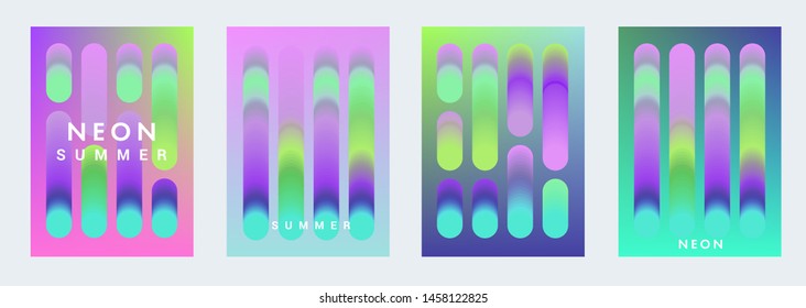 Set of neon fluorescent gradient fluid posters with colorful circles for summer party event in trendy pink, blue, green colors. Vaporwave/ retrowave/ cyberpunk 80s-90s style background.