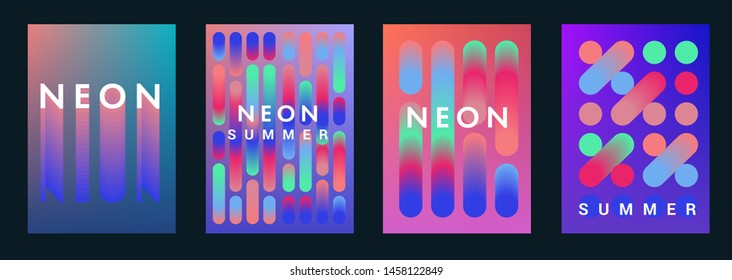 Set of neon fluorescent gradient fluid posters with colorful circles for summer party event in trendy pink, blue, green colors. Vaporwave/ retrowave/ cyberpunk 80s-90s style background.